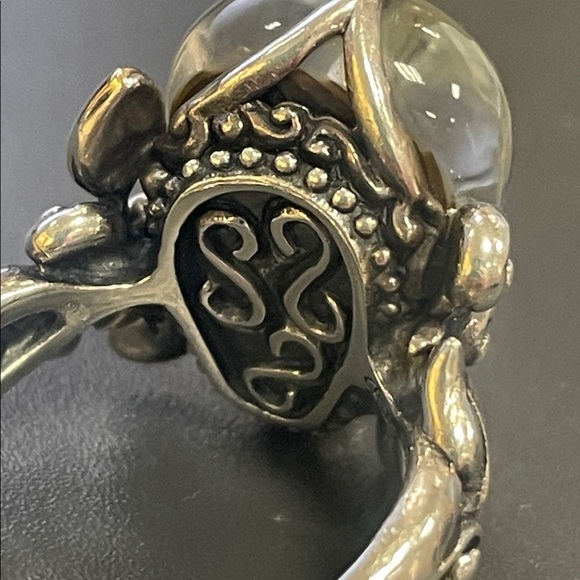 Barbara Bixby Silver and 14 K Gold Quartz Carved Skull Ring with Garnet Gemstone - Picture 4 of 8